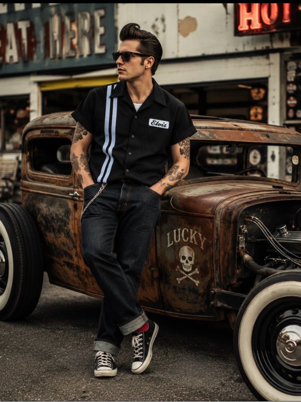 Steady Clothing ELVIS Black Short-Sleeve Button-Down Shirt with White Stripes